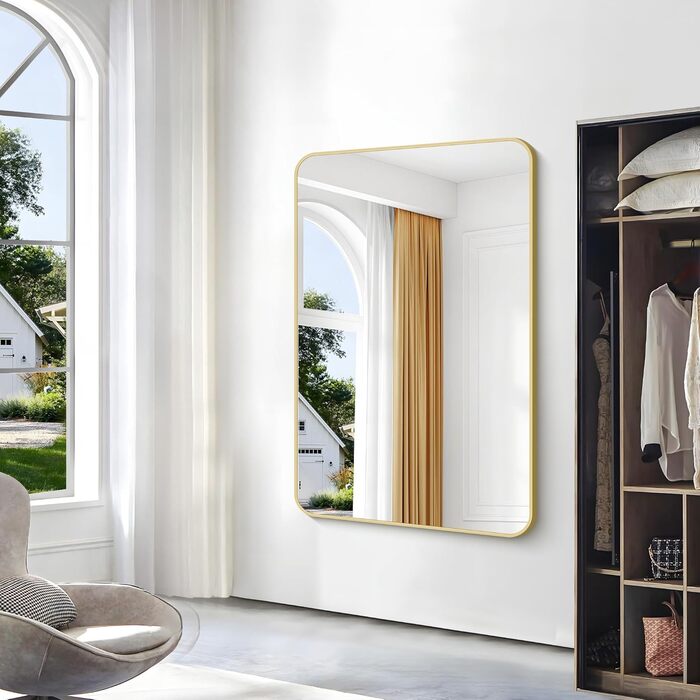 Дзеркало для ванної кімнати BONEWEI, 61 x 121,9 см, прямокутне, для монтажу на стіну, з рамою, косметичне дзеркало з округлими кутами, для спальні, вітальні, передпокою, горизонтальне (Золотий, 139.7L x 91.4B cm)