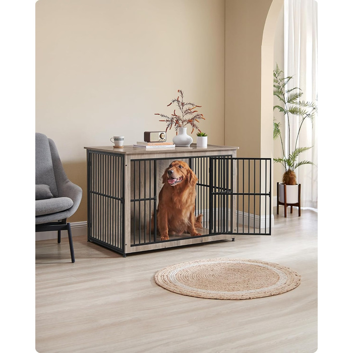 Клітка для собак Feandrea XL, меблева, з журнальним столиком, для собак до 37 кг, міцна, закритий дно, 2 двері, сірий меланж (110 x 76 x 82 см)