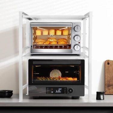 Поличка для мікрохвильової печі, 3 яруси, органайзер з гачками, розширювана, 40-64 см, з вуглецевої сталі, білий