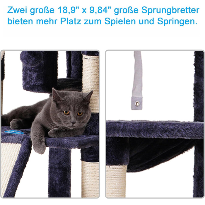 Великий котячий будиночок Kratzbaum, 180 см XXL, стабільний з мотузкою з сизалю, велика царапальня, кошик, 3 платформи та 2 будиночки, сірий, EMPJ034G