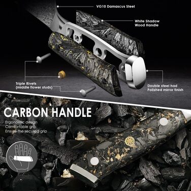 Японський ніж Kuchmesser Kyushublade з дамаської сталі (67 шарів), професійний, з унікальною ручкою з карбону та золота