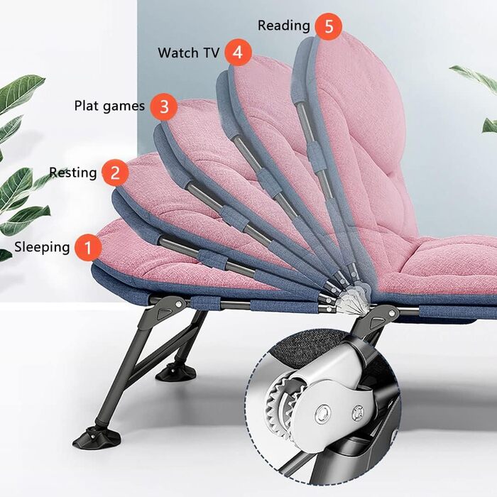 Розкладне ліжко для кемпінгу XXL - широке кемпінгове ліжко, легке, регульована спинка, для відпочинку на природі та вдома (рожеве)