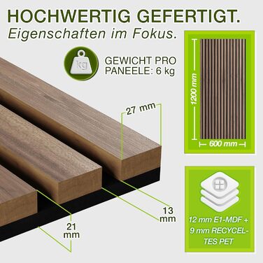 Акустичні панелі TRESKO з дерева 120×60x2,1 см, 3D ламельна стіна для шумоізоляції з вішалками для одягу, дуб натуральний (4 шт.)