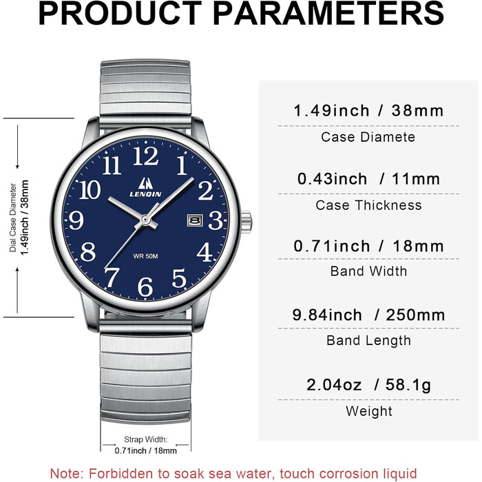Годинник чоловічий LN LENQIN аналоговий кварцовий з нержавіючої сталі, з датою (блакитний)