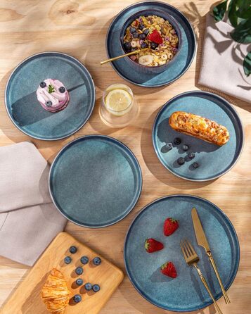 Набір посуду GBhome з каменю, 24 елементи, ручна робота, для 6 осіб, стійкий до миття в посудомийній машині та мікрохвильовій печі, керамічний посуд, блакитний колір