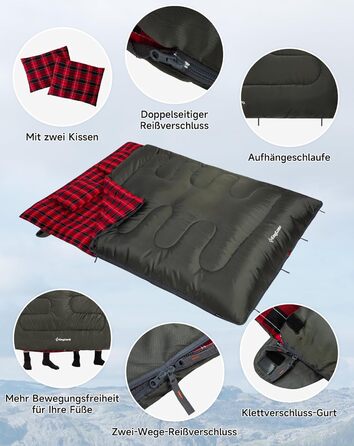 KingCamp 2-Person Sleeping Bag - Winter Warm Outdoor Sleeping Bag for Camping & Travel - 3-4 Season, Lightweight, with Flannel Pillows
