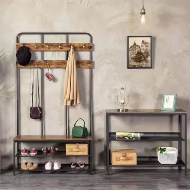 HOOBRO Coat Rack, Large Wardrobe with Bench, Shoe Rack with Seating, Clothes Rack with 12 Hooks, Ample Storage Space, for Entryway, Bedroom, Living Room, Dark Brown-Black EBF05MT01