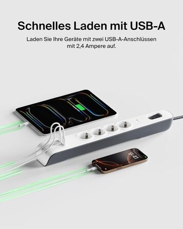 Мережевий фільтр Belkin з захистом від перенапруги та USB-портами, 8 розеток, 2 USB-A, 2.4A, кабель 2м, для дому та офісу