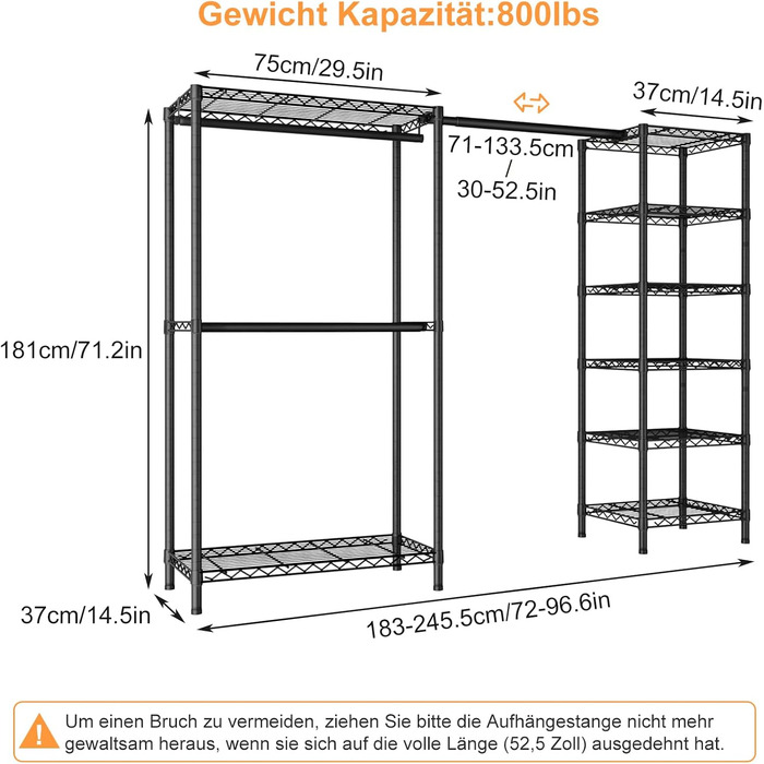 Розширюваний вішак для одягу, металевий гардеробний стійка з регульованими полицями, важкий, чорний
