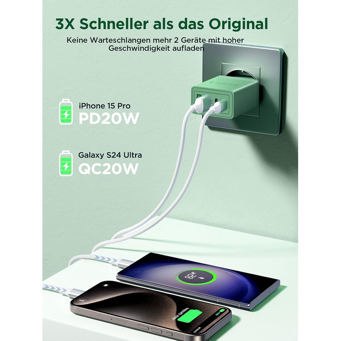 Зарядний пристрій USB-C 40W, мережевий адаптер з QC USB-A та USB-C, швидка зарядка для iPhone, Samsung та інших пристроїв (Темно-зелений)