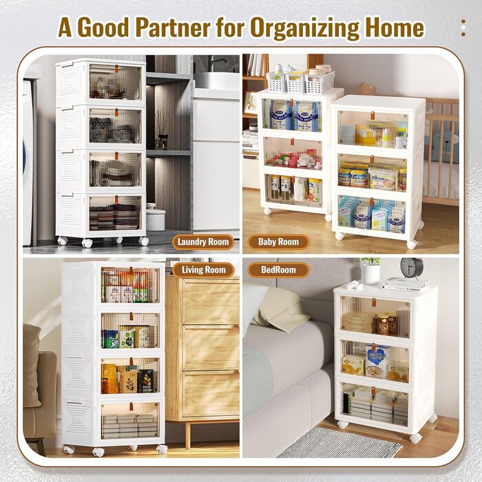 Plastic Storage Containers and Boxes Organizer with 4 Tiers, Stackable with Lids for Bedroom, Living Room, Kitchen, Office, Foldable Containers 23Qt 4-Tier