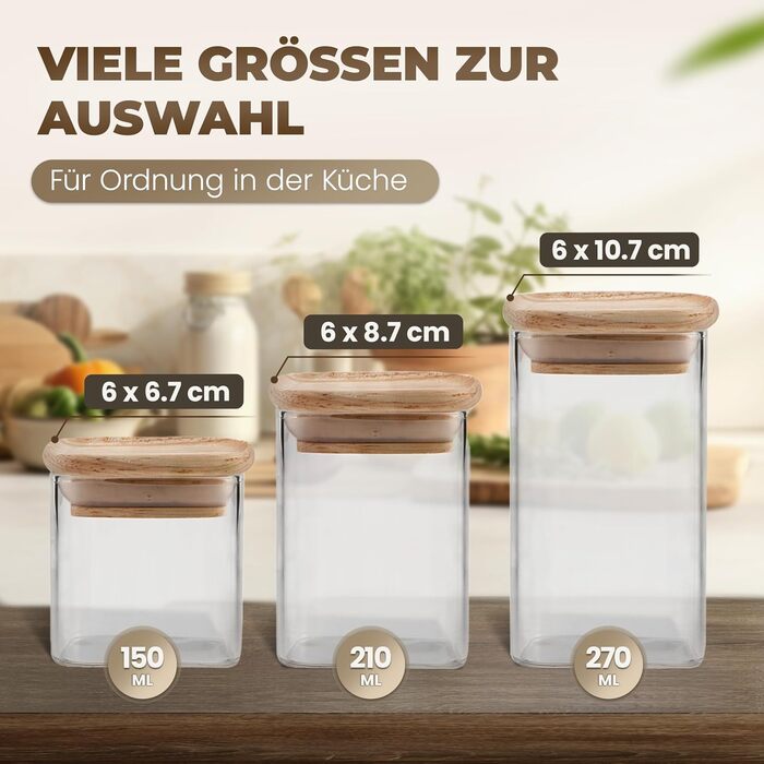 Stackable Spice Jars Set 150 ml Square - 12 Pieces - Airtight Glass Storage Containers - Bamboo Wood Lids - with Labels & Chalk Pen - Spice Storage, Kitchen Organization, Storage Jar