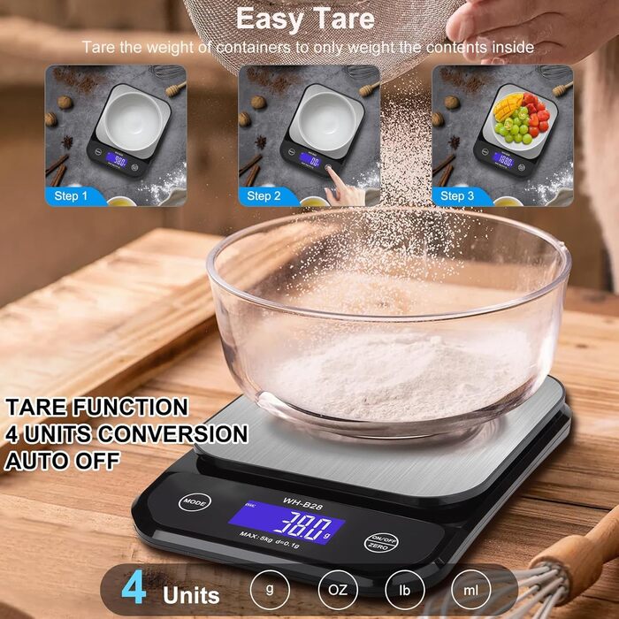 Водонеробочі кухонні ваги 3T6B IP67, USB, 5 кг/0.1 г, LED-дисплей для приготування їжі та випічки