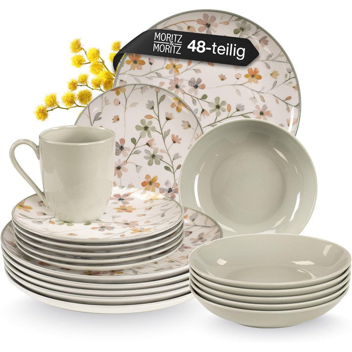 Набір посуду Moritz & Moritz PRIMAVERA Steingut для 6 осіб (24 шт.) - сучасний сервіз з ігровим дизайном, легкий у догляді, з тарілками, чашками та салатниками