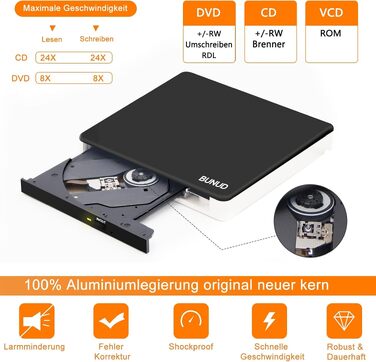 Зовнішній DVD-привід BUNUD USB 3.0: CD/DVD гравір та плеєр з картридером SD/TF для Windows 11, Mac, MacBook Pro Air, PC, ноутбука, чорно-білий