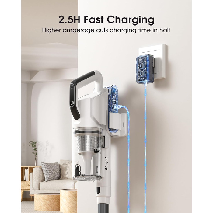 Бездротовий пилосос Klarpul 4800Pa з LED-дисплеєм та антизаплутувальною насадкою, 65 хвилин роботи, швидка зарядка 2 години, для твердих поверхонь та килимів, срібний