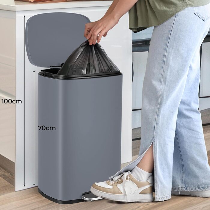 Відро для сміття LIFERUN 30л з кришкою, з м'яким закриттям, сталеве, з внутрішнім відром, для кухні, ванної кімнати, офісу (L-50L, сірий)