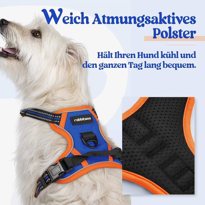 Нашийник для собак Rabbitgoo середнього розміру, анти-тяга, регульований, для великих собак, дихаючий, з світловідбиваючими смугами, безпечне керування, L (Синій+Помаранчевий, XS (1 шт.))