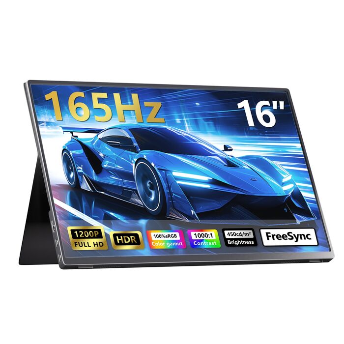 Портативний монітор 16 дюймів 1200P 165Hz 450Nits 100% sRGB з Smart Cover, для ноутбука PC Xbox PS4 PS5 Switch, чорний