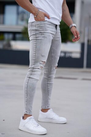 Чоловічі рвані джинси GINGTTO Skinny Stretch Slim Fit світло-сірі (34W/30L)