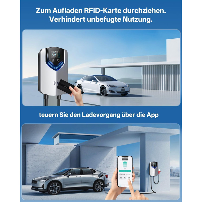Wallbox 11 кВт з APP та RFID – Зарядний пристрій для електромобілів Typ 2 400V, 6-16A, кабель 8м з тримачем, RCD Typ B, IP54, програмування часу – для BEV/PHEV