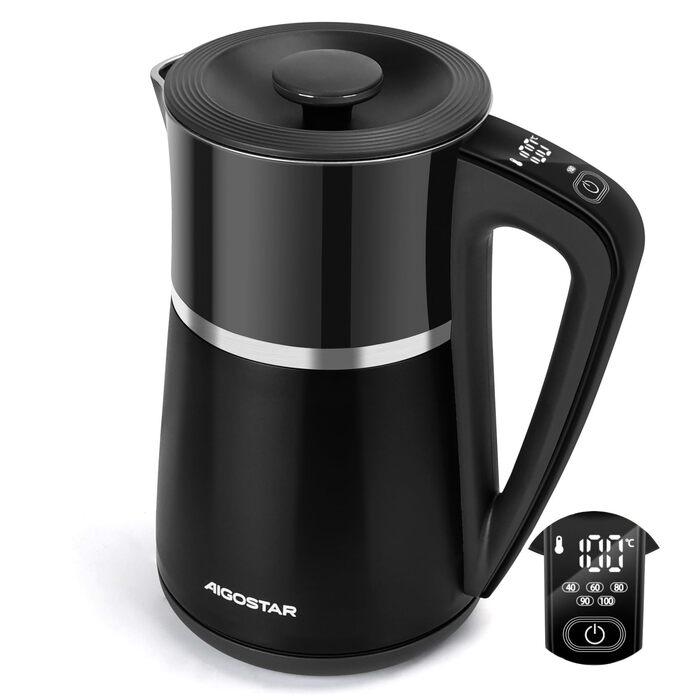 Електричний чайник Aigostar Alva з регулюванням температури 40°C-100°C, 1.7 л, подвійні стінки, Cool Touch, LED дисплей, тихий, бездротовий, з функцією підтримання тепла, 2200W, BPA Free, чорний