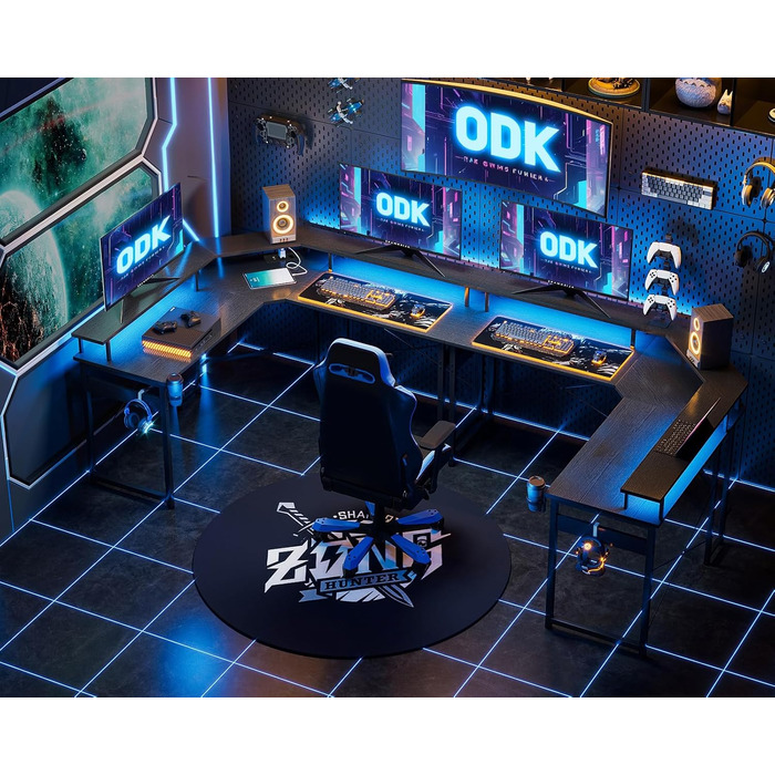 Ігровий стіл ODK з LED-підсвіткою, 2 розетками та 2 USB, кутовий комп'ютерний стіл з великою полицею для монітора, чорний