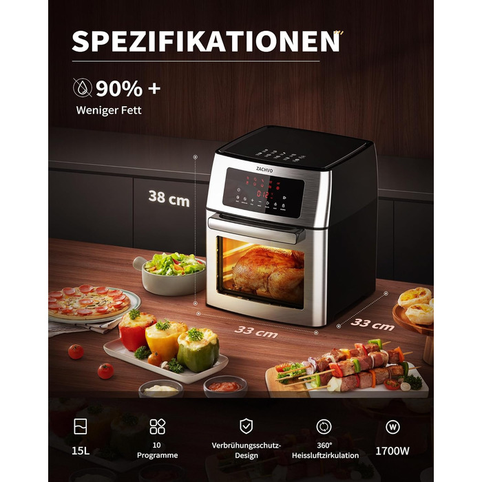 XXL Hot Air Fryer - ZACHVO Airfryer 15L - 10 Programs 1700W Hot Air Fryer with LCD Touchscreen - Air Fryer Frying Without Oil, 7 Accessories, 90% Less Fat - Oven, Grill, Dehydrator All in One Silver Hot Air Fryer