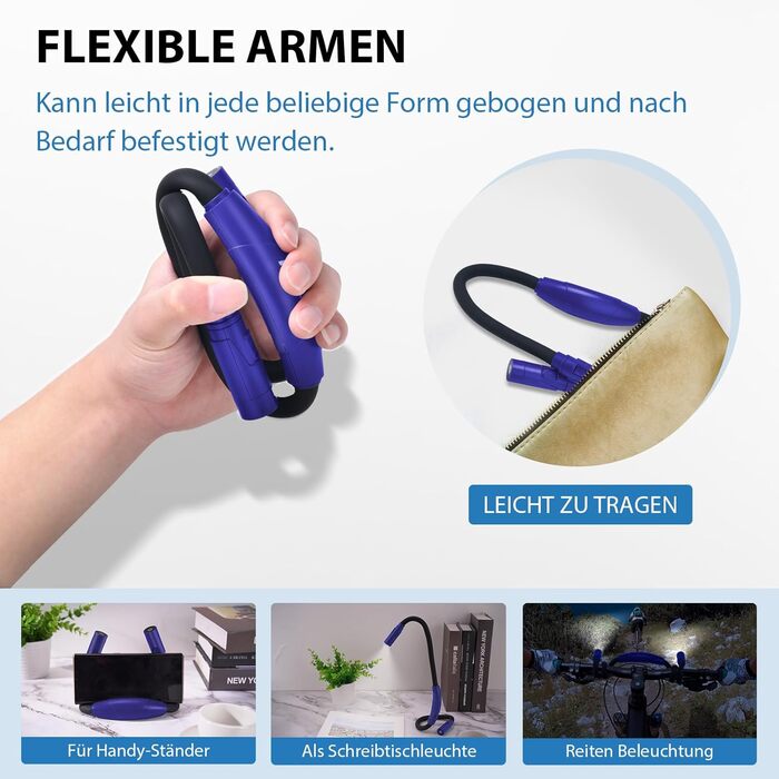 LED лампа на шию LUXJET для читання, в'язання, ремонту - акумуляторна, 3 кольори світла, регульована яскравість (темно-синій)