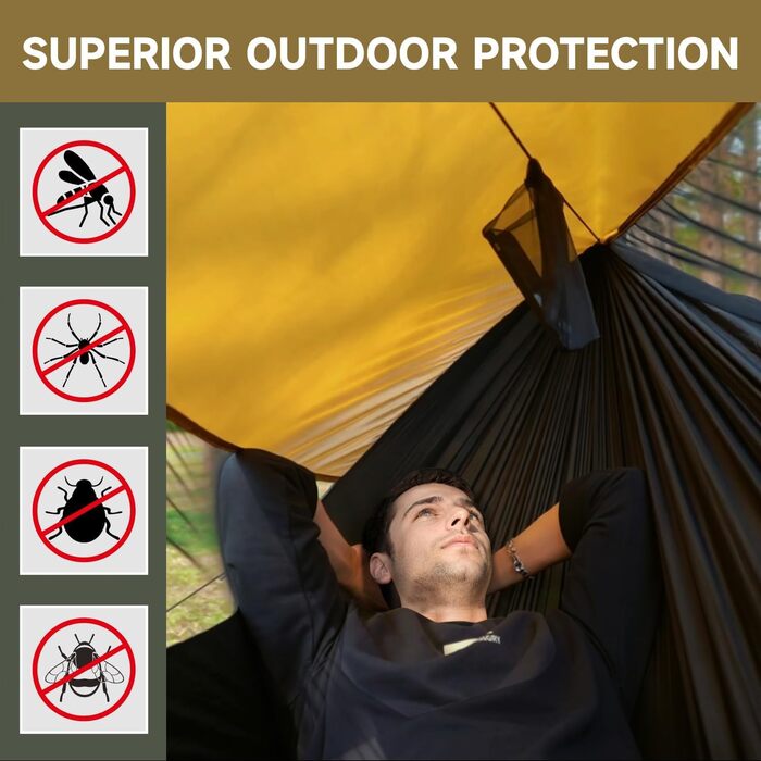 Гамак для кемпінгу з москітною сіткою та стропом, великий на 2 особи, 290 x 140 см, легкий, для відпочинку на природі, піших прогулянок, подорожей та рюкзаків, армійський зелений (жовтий)