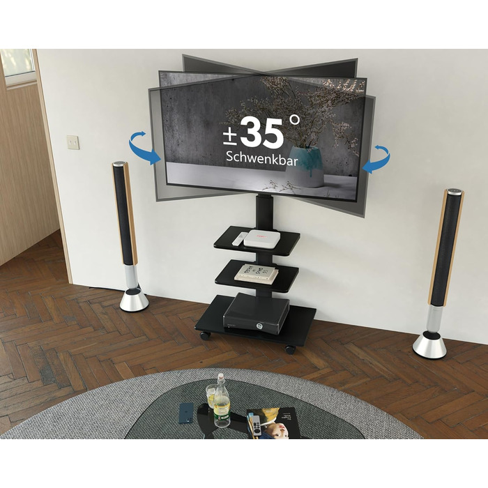 FITUEYES Rolling TV Stand with 3 Shelves - Adjustable Height & Swivel - Fits 32-60 Inch TVs (up to 30kg, VESA 600x400)