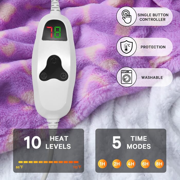 Електрична грілка з принтом корів, подвійний розмір 157x213 см, фіолетовий колір, 10 температурних режимів, таймер автоматичного вимкнення на 8 годин, флісова та шерпа-підкладка, тепла, подарунок для жінок