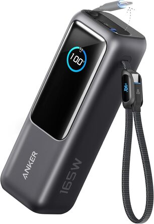 Powerbank Anker 25000mAh 165W з USB-C, 3 порти USB-C (100W), вбудований кабель, для iPhone, MacBook, Samsung та інших пристроїв (Чорний)
