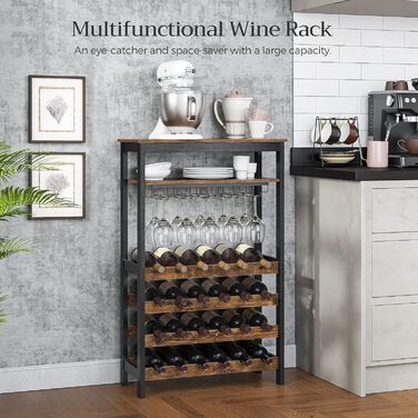 SONGMICS Wine Rack, for 24 Wine Bottles, Freestanding, Bottle Rack with Glass Holders, for Kitchen, Bar, Dining Room, vintage brown-black KWR028B01