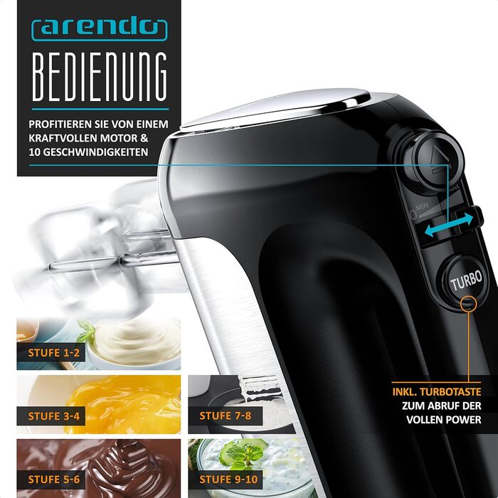 Електричний міксер Arendo 500 Вт з набором аксесуарів (2 вінчики, 2 гаки) – ручний міксер для приготування їжі, чорний