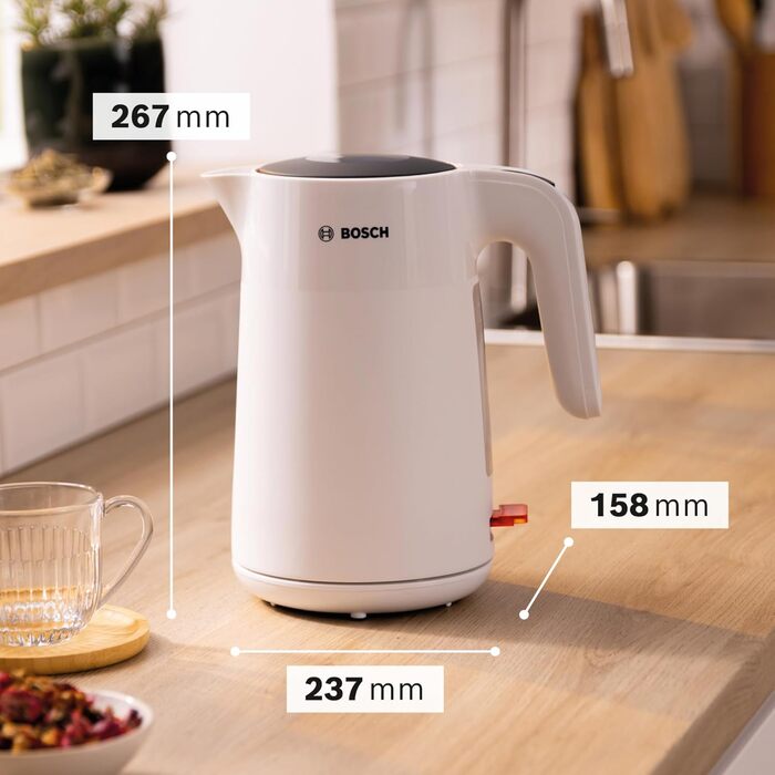 Електричний чайник Bosch MyMoment TWK2M161, 1.7 л, 2400 Вт, білий матовий, з автоматичним відключенням, захистом від перегріву, показом кількості чашок та фільтром від накипу