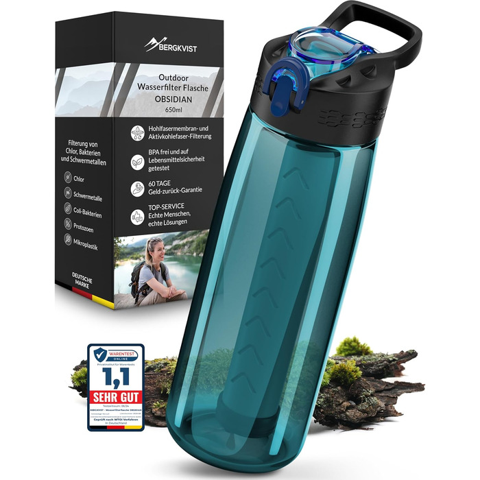 BERGKVIST® Outdoor Water Filter Bottle OBSIDIAN (650ml) with Compass - Filter Water Bottle for Clean Drinking Water - Water Purification for Camping, Prepper & Survival Gear (Turquoise)