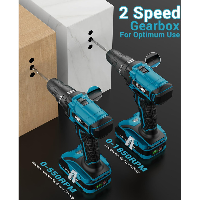 Акумуляторний шуруповерт MHPRO 21V з 2 акумуляторами 2.0Ah, 42Nm, 25+3 ступені крутного моменту, LED, 10мм патрон, 14-ти частинний набір для дому та саду