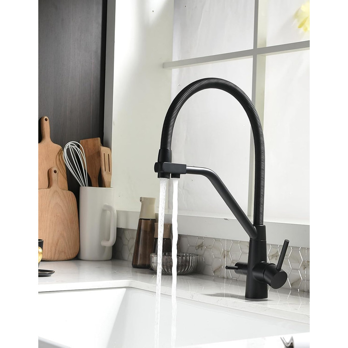 Змішувач кухонний поворотний на 360° з висувним дощувачем, з позолоченим покриттям, для кухні, однорідний, з трьома виходами, чорний