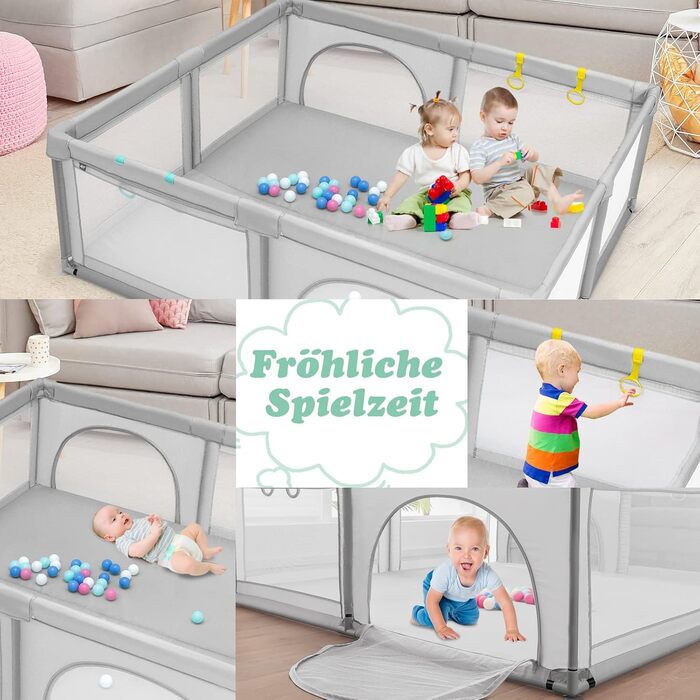 DREAMADE Playpen Baby 206 x 185CM, Folding Playard, Safety Gate with Breathable Mesh & 50 Balls, Child Safety Barrier with 2 Doors (Gray, without mattress) Gray without mattress