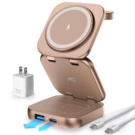 Бездротова зарядна станція 5 в 1 AC Island для iPhone 17/16/15/14/13/12, Apple Watch 11/Ultra та AirPods Pro, MagSafe, складана, срібляста (з адаптером 35W)