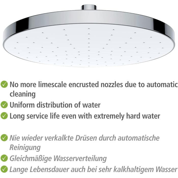WENKO Showerhead Automatic Cleaning - Anti-Limescale Universal Showerhead with Automatic Cleaning System, Plastic (ABS), 22.5 x 22.5 cm, Silver Glossy, Chrome, 24000100