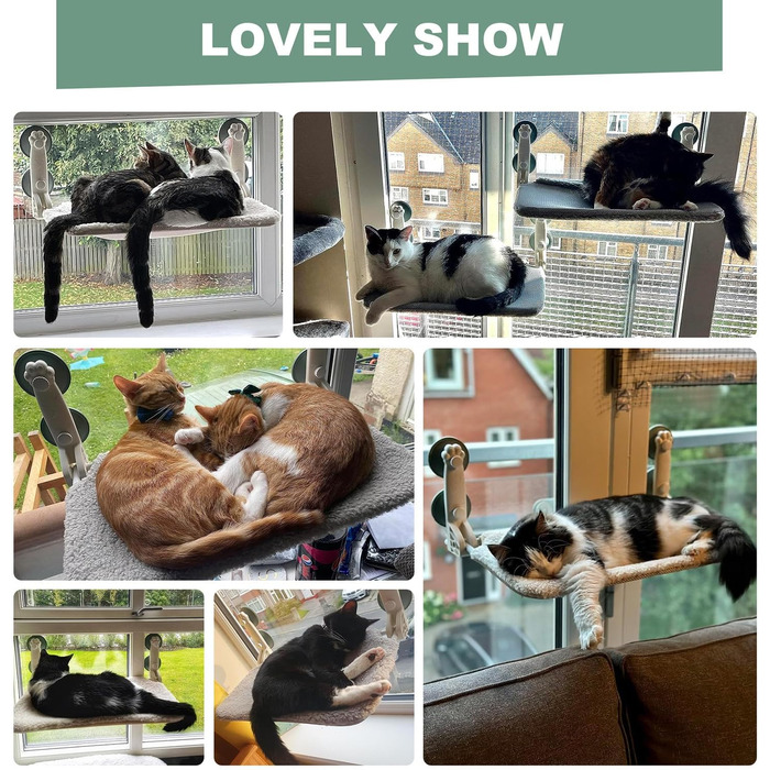 EWOOFUN Cat Hammock Window Perch 54x30cm Cat Bed Window Hanging Perch - Cat Window Lounger with Upgraded Strong Suction Cups up to 18kg (Beige, M-with Bed)