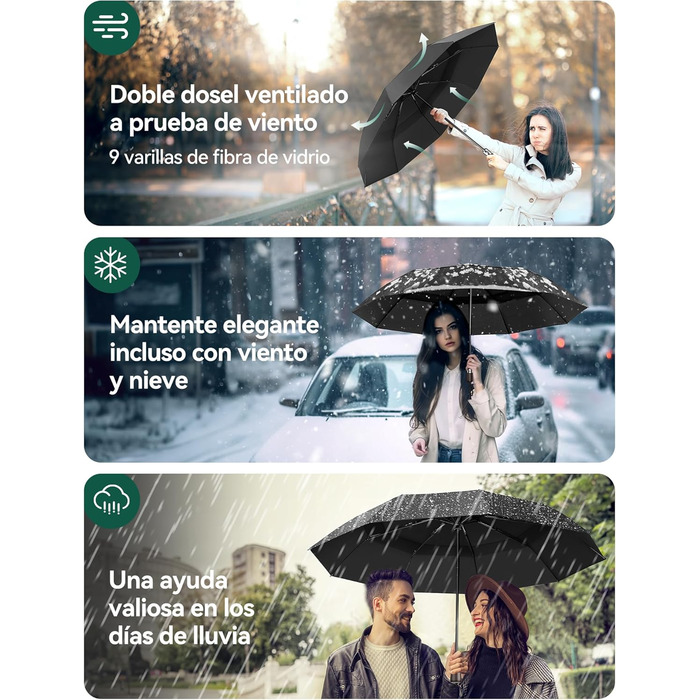TECKNET Парасолька автоматична, чорна, штормостійка, легка у використанні