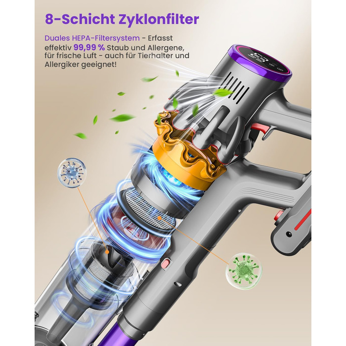 Бездротовий акумуляторний пилосос MAUOKE 45000Pa з LED-дисплеєм та V-подібною насадкою, 6-в-1 для дому, килимів, твердих поверхонь та видалення шерсті тварин