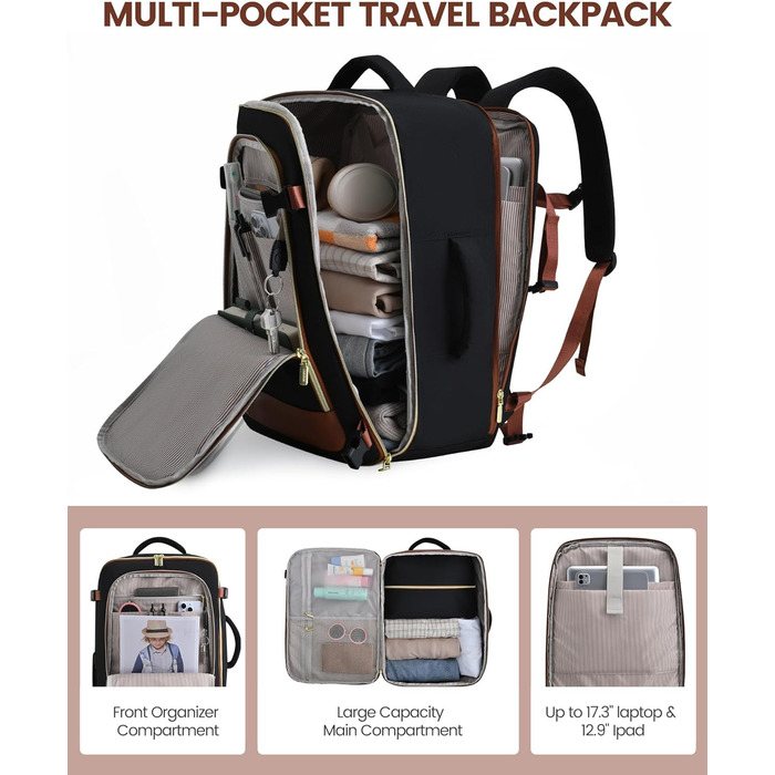 LOVEVOOK Рюкзак для ручної поклажі, 40L, водонепроникний, для подорожей, з відділенням для взуття, для ноутбука (17.3 дюймів), чорний+сірий+коричневий