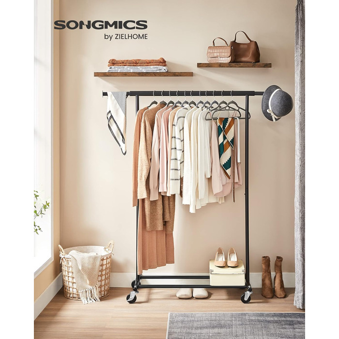 SONGMICS Heavy-Duty Clothes Rack, 2-Piece Set, Rolling Garment Rack, Holds up to 90 kg, with Extendable Closet Rod, Folding Base, Storage for Boxes, HSR013S02 (Black)