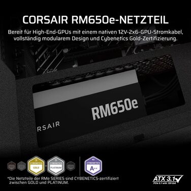 Блок живлення Corsair RM650e (2025) 650W, повністю модульний, ATX 3.1, PCIe 5.1, 12V-2x6, Cybenetics Gold, низький рівень шуму, чорний