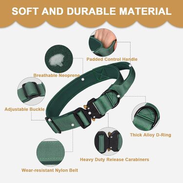 Тактичне нашийник для собак з ручкою, XL, зелений. Міцний, регульований, з металевою застібкою та неопреновою підкладкою