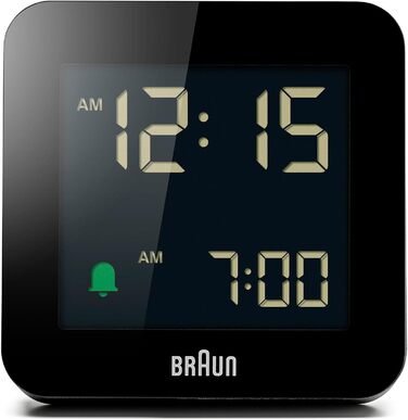 Braun Digital Alarm Clock with Snooze Function, Negative LCD Display, Quick-Set Function, Crescendo Alarm in Black, Model BC09B.